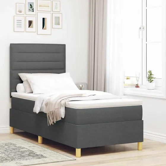 vidaXL Box Spring Seng 90x200 cm Mørkegrå Stof med Hovedgærde