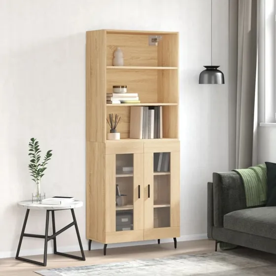 vidaXL Højskab 69,5x34x180 cm Konstrueret Træ Sonoma-Eg, 2 Glaslåger