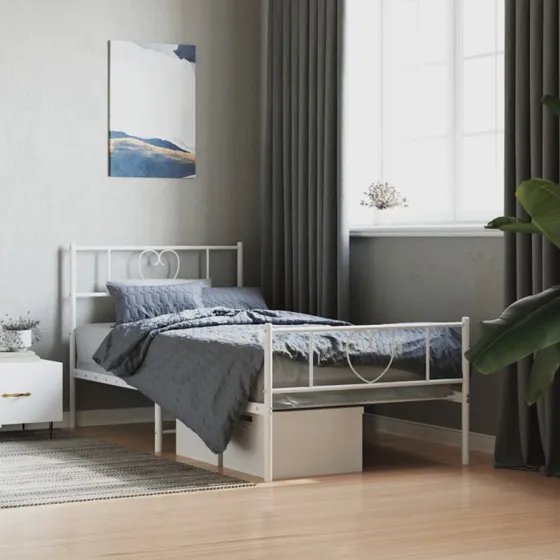vidaXL Sengeramme 90x190 cm metal hvid med sengegavl og fodgærde