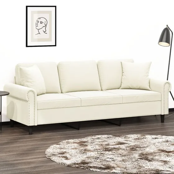 vidaXL 3-personers sofa velour cremefarvet 180 cm med pyntepuder