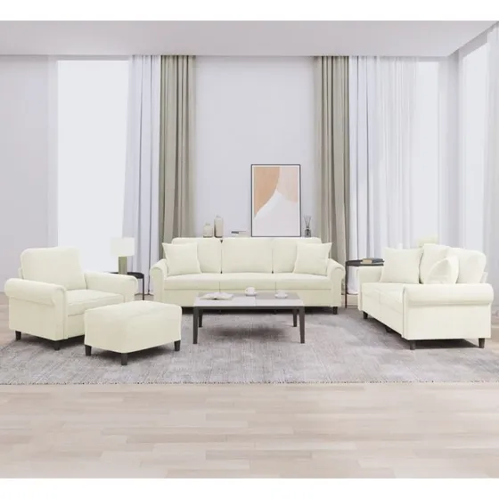 vidaXL 4-delssofa med puder i cremefarvet velour