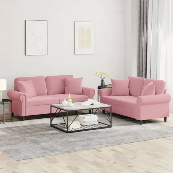 vidaXL 2-delssofa lyserød velour med puder