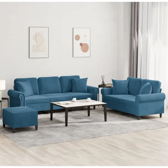 vidaXL 3-delet sofasæt med puder i blå velour