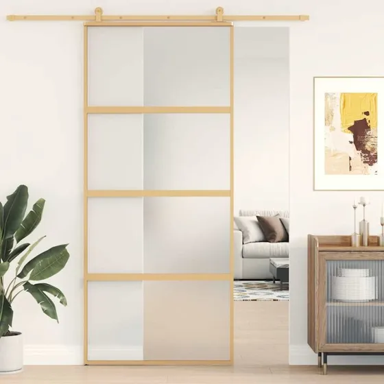 vidaXL Skydedør 90x205 cm gylden matteret sikkerhedsglas & aluminium