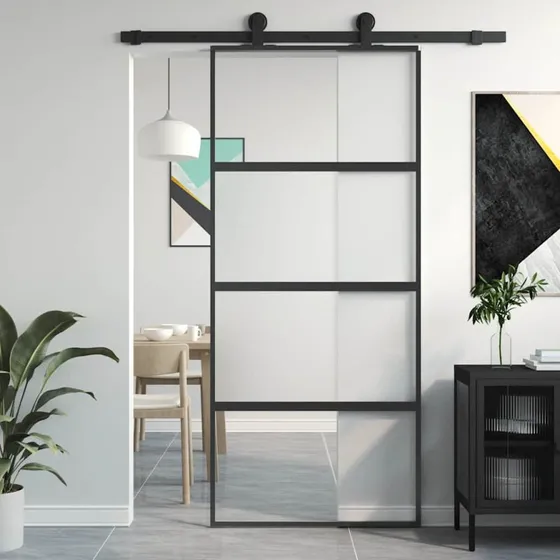 vidaXL skydedør 90x205 cm hærdet glas og aluminium sort