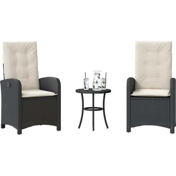vidaXL Bistrosæt 3 dele med hynder polyrattan sort