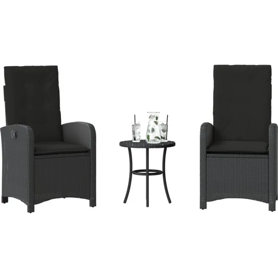 vidaXL Bistrosæt 3 dele med hynder, polyrattan sort