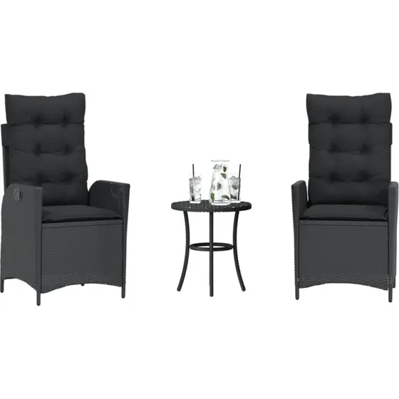 vidaXL Bistrosæt 3 dele med hynder, polyrattan sort