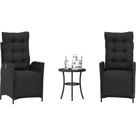 vidaXL Bistrosæt 3 dele med hynder, polyrattan sort