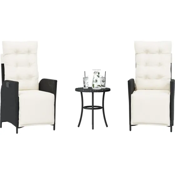vidaXL Bistrosæt 3 dele med hynder, polyrattan sort