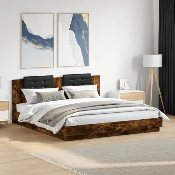 vidaXL sengeramme 180x200 cm røget egetræ med LED-lys