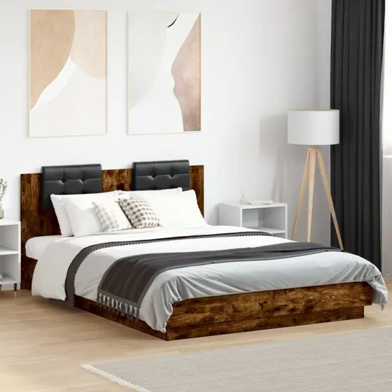 vidaXL Sengeramme 150x200 cm røget egetræ med LED-lys og sengegavl