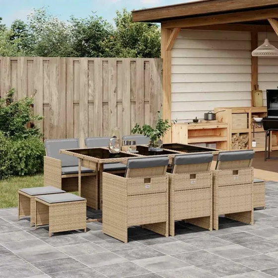 vidaXL 11-deligt spisebordssæt med hynder, polyrattan beige