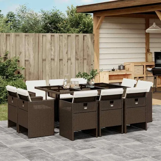 vidaXL 11-deligt spisebordssæt med hynder, polyrattan brun