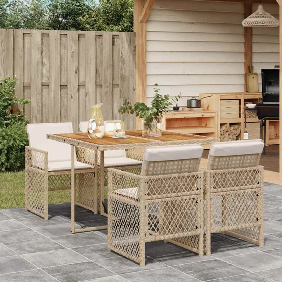 vidaXL 5-deligt spisebordssæt med polyrattan og akacietræs bordplade, beige