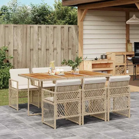 vidaXL 7-delers spisebordssæt med hynder i polyrattan beige