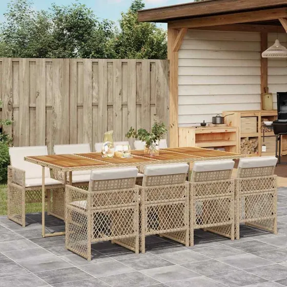 vidaXL 9-delers spisebordssæt med hynder i polyrattan beige