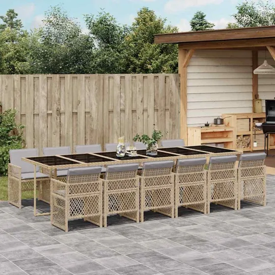 vidaXL 13-delers spisebordssæt med polyrattan og glasbord, beige