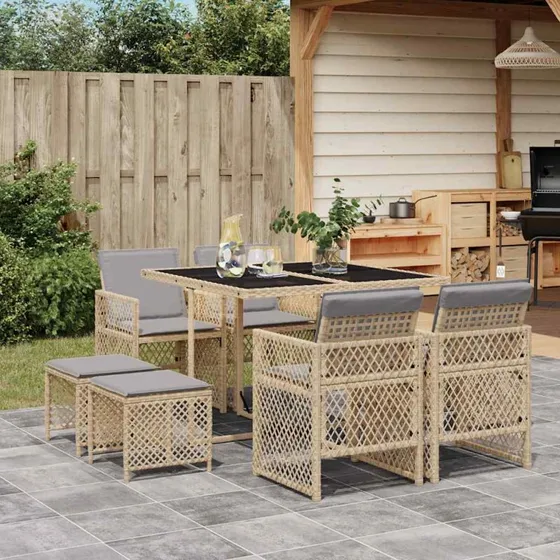 vidaXL 9-del spisebordssæt med polyrattan, beige, glasbord