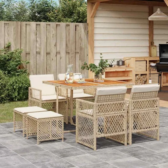 vidaXL 9-delers spisebordssæt med hynder, polyrattan beige
