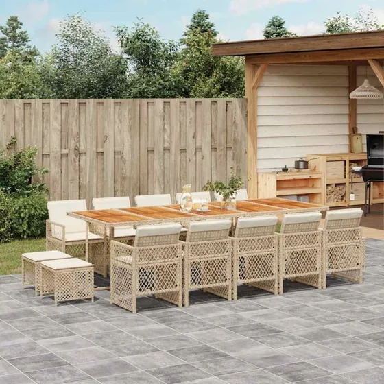 vidaXL 15-deligt spisebordssæt med hynder i polyrattan beige