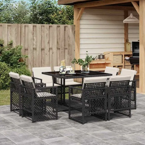vidaXL 9-delers spisebordssæt med hynder, polyrattan sort