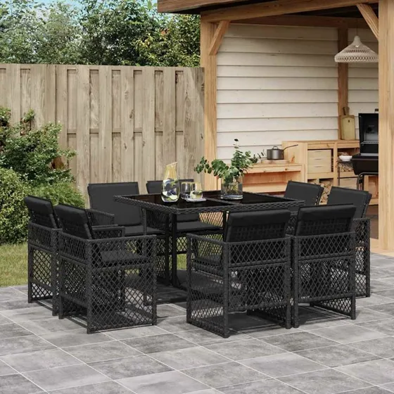 vidaXL 9-delers spisebordssæt med hynder, polyrattan sort