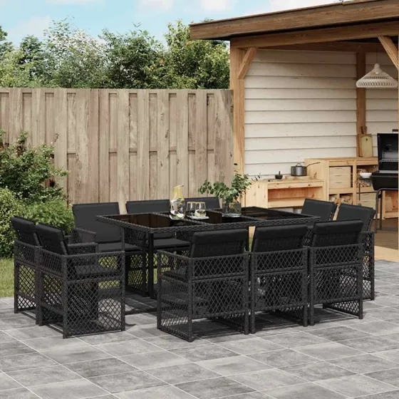 vidaXL 11-deligt spisebordssæt med hynder, polyrattan sort