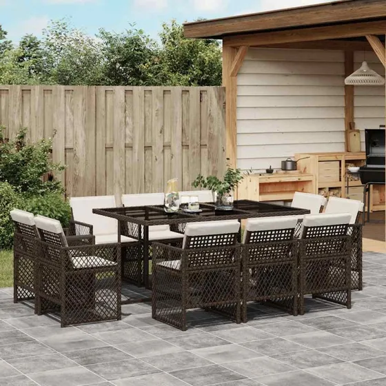 vidaXL 11-deligt spisebordssæt med hynder, polyrattan brun