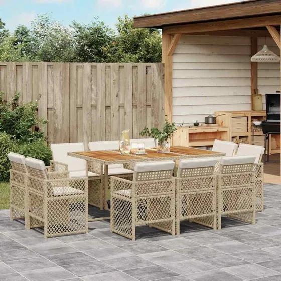 vidaXL 11-deligt spisebordssæt med hynder, polyrattan beige