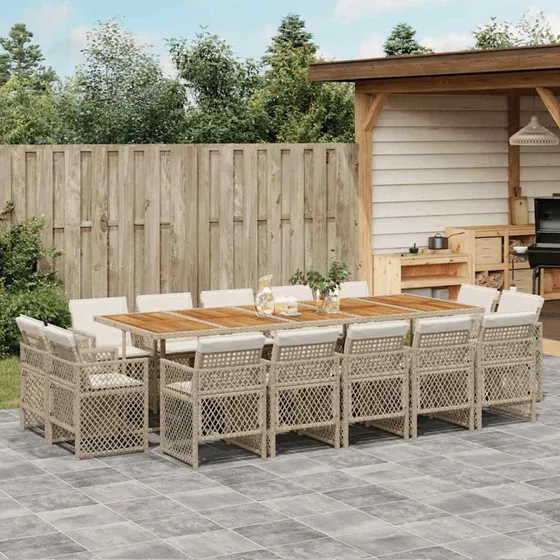 vidaXL 15-deligt spisebordssæt med hynder, polyrattan beige