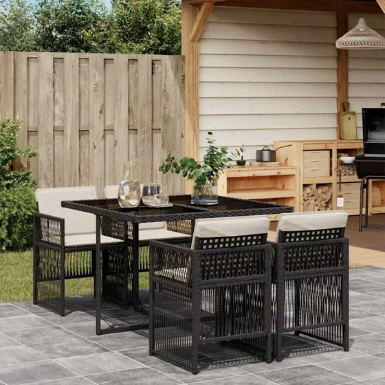 vidaXL 5-deles spisebordssæt med hynder i polyrattan sort