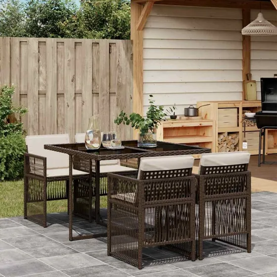 vidaXL 5-deles spisebordssæt med hynder i polyrattan brun