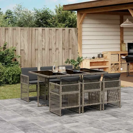 vidaXL 7-deles spisebordssæt med hynder i polyrattan grå