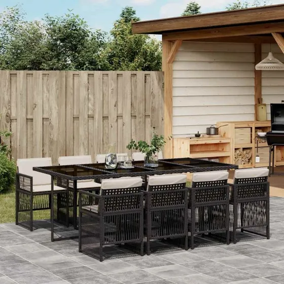 vidaXL 9-deles spisebordssæt med hynder i polyrattan, sort