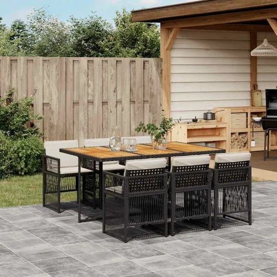 vidaXL 7-deligt spisebordssæt med hynder, polyrattan sort