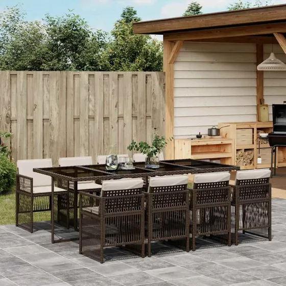 vidaXL 9-deles spisebordssæt med hynder i polyrattan brun
