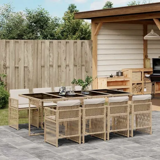 vidaXL 9-deles spisebordssæt med hynder i polyrattan beige