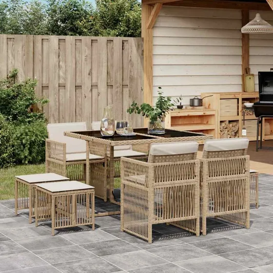 vidaXL 9-del spisebordssæt med hynder i polyrattan, beige