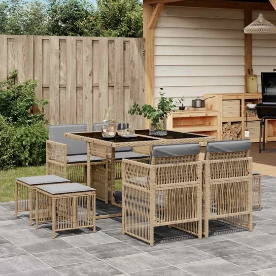 vidaXL Spisebordssæt 9 dele med hynder polyrattan beige
