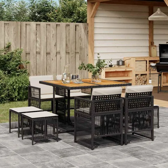 vidaXL 9-delers spisebordssæt med hynder, polyrattan sort