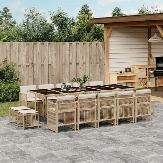 vidaXL 15-deligt spisebordssæt med hynder i polyrattan beige