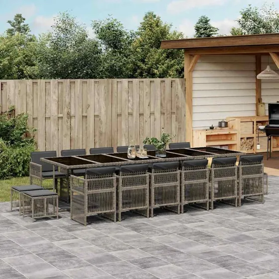 vidaXL 17-del spisebordssæt med hynder i polyrattan grå