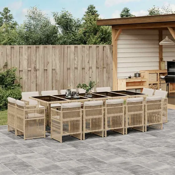 vidaXL 15-deligt spisebordssæt med hynder, polyrattan beige
