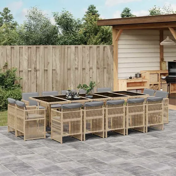 vidaXL Spisebordssæt 15 Dele Polyrattan Beige med Hynder