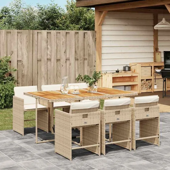 vidaXL 7-deligt spisebordssæt med hynder, polyrattan beige