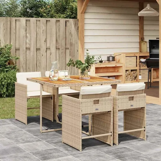 vidaXL 5-deligt spisebordssæt med hynder, polyrattan beige