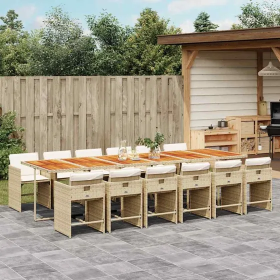 vidaXL 13-deligt spisebordssæt med hynder, polyrattan beige