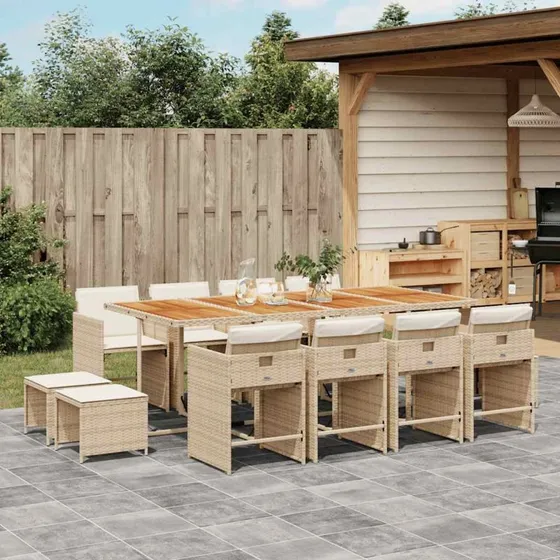 vidaXL 13-delers spisebordssæt med hynder, polyrattan beige