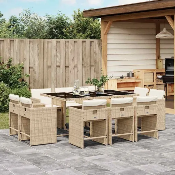 vidaXL 11-deligt spisebordssæt med hynder, polyrattan beige